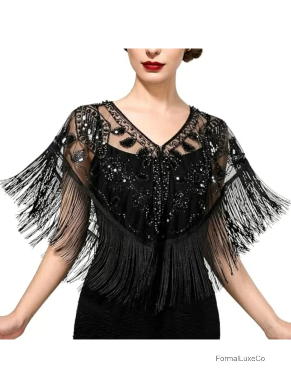 1920s Sequin Fringe Shawl Wrap Vintage Flapper Capelet Cloak Gatsby Party Cover